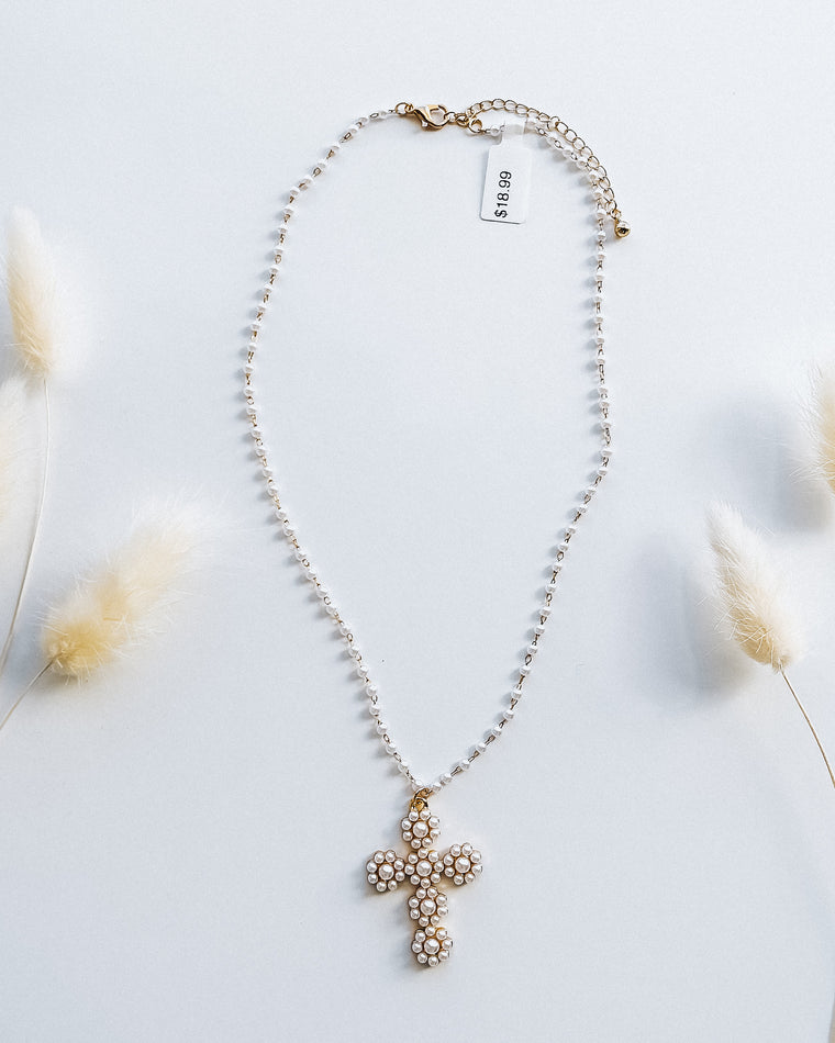Pearl Necklace w/ Pearl Studded Cross Pendant / Gold