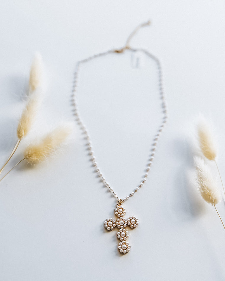 Pearl Necklace w/ Pearl Studded Cross Pendant / Gold