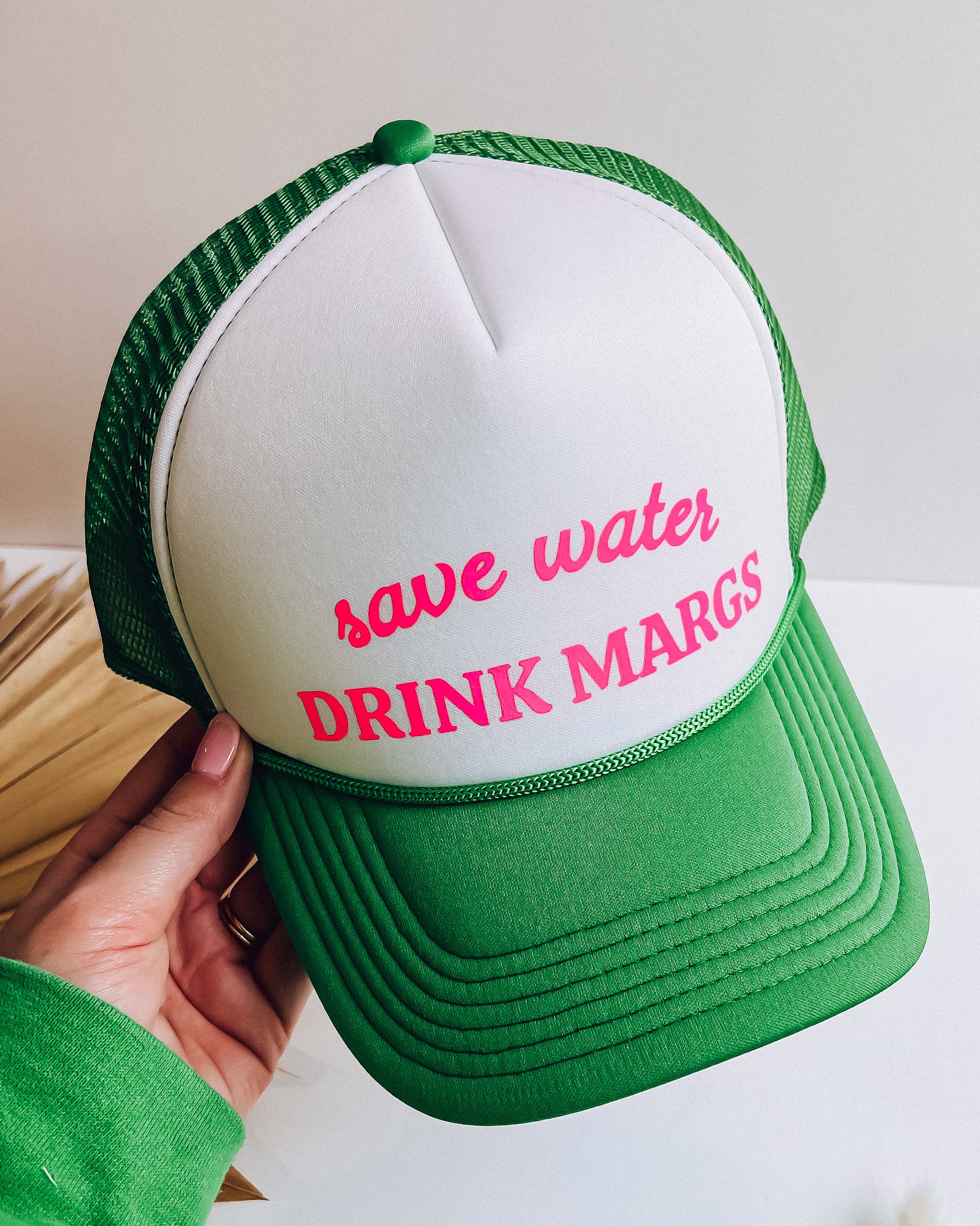 "Save Water Drink Margs" Trucker Hat [green/white+pink]
