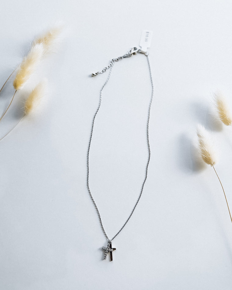 Dainty Chain Link Necklace w/ Rhinestone & Metal Tone Cross Pendants / Silver