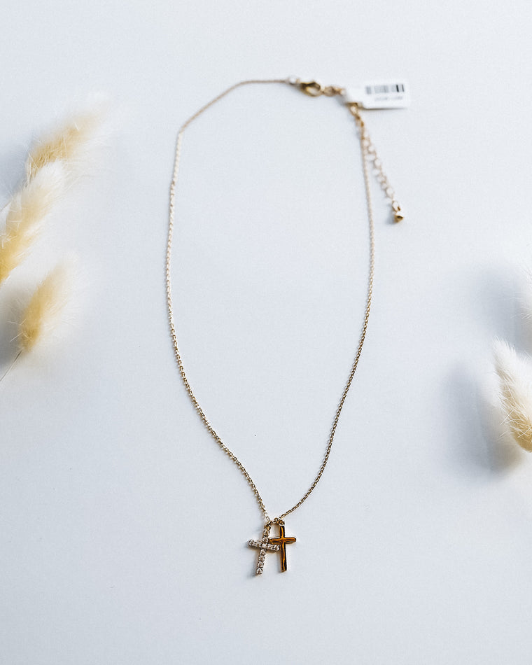 Dainty Chain Link Necklace w/ Rhinestone & Metal Tone Cross Pendants / Gold