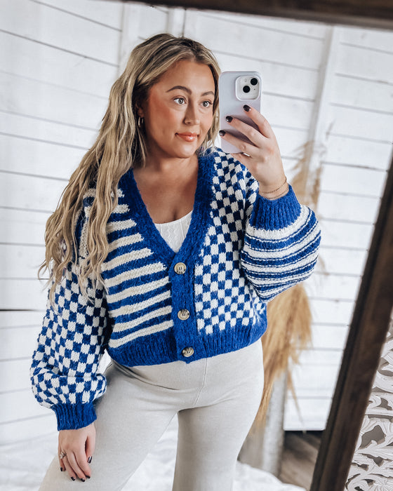 Striped and Checkered Cardigan [ivory/blue]