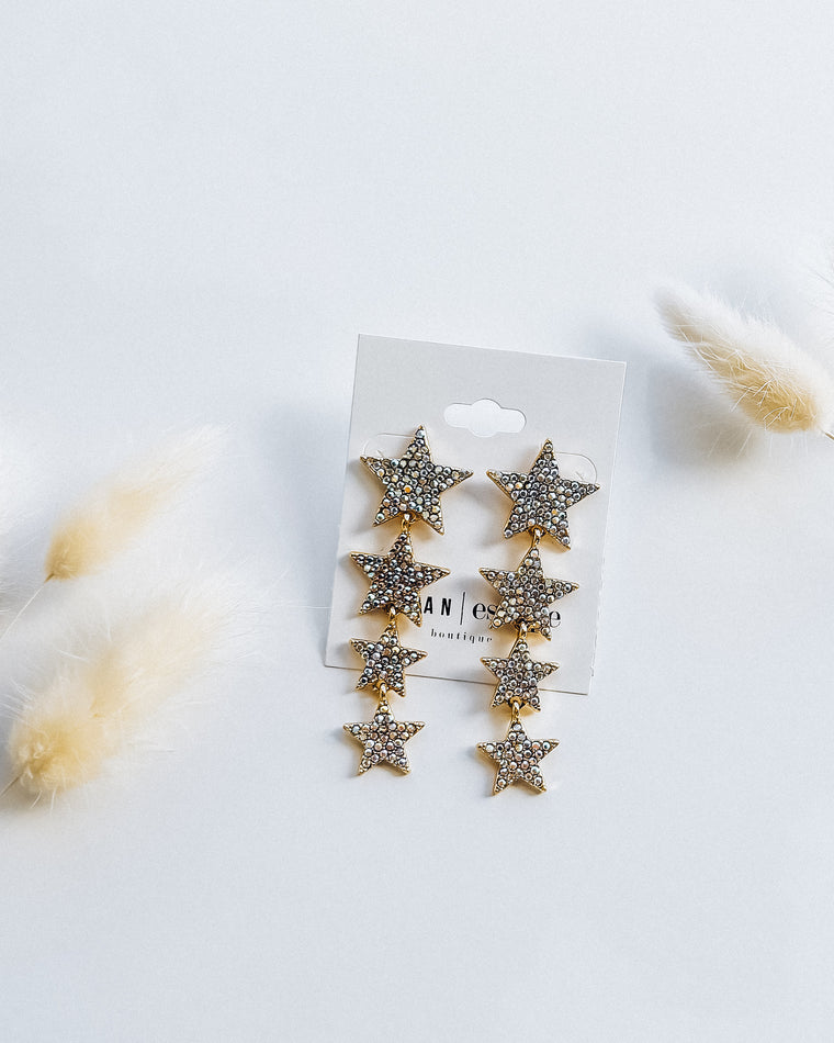 Rhinestone Studded Linked Stars Drop Earrings / Gold