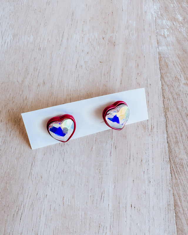 red + iridescent heart stud earrings