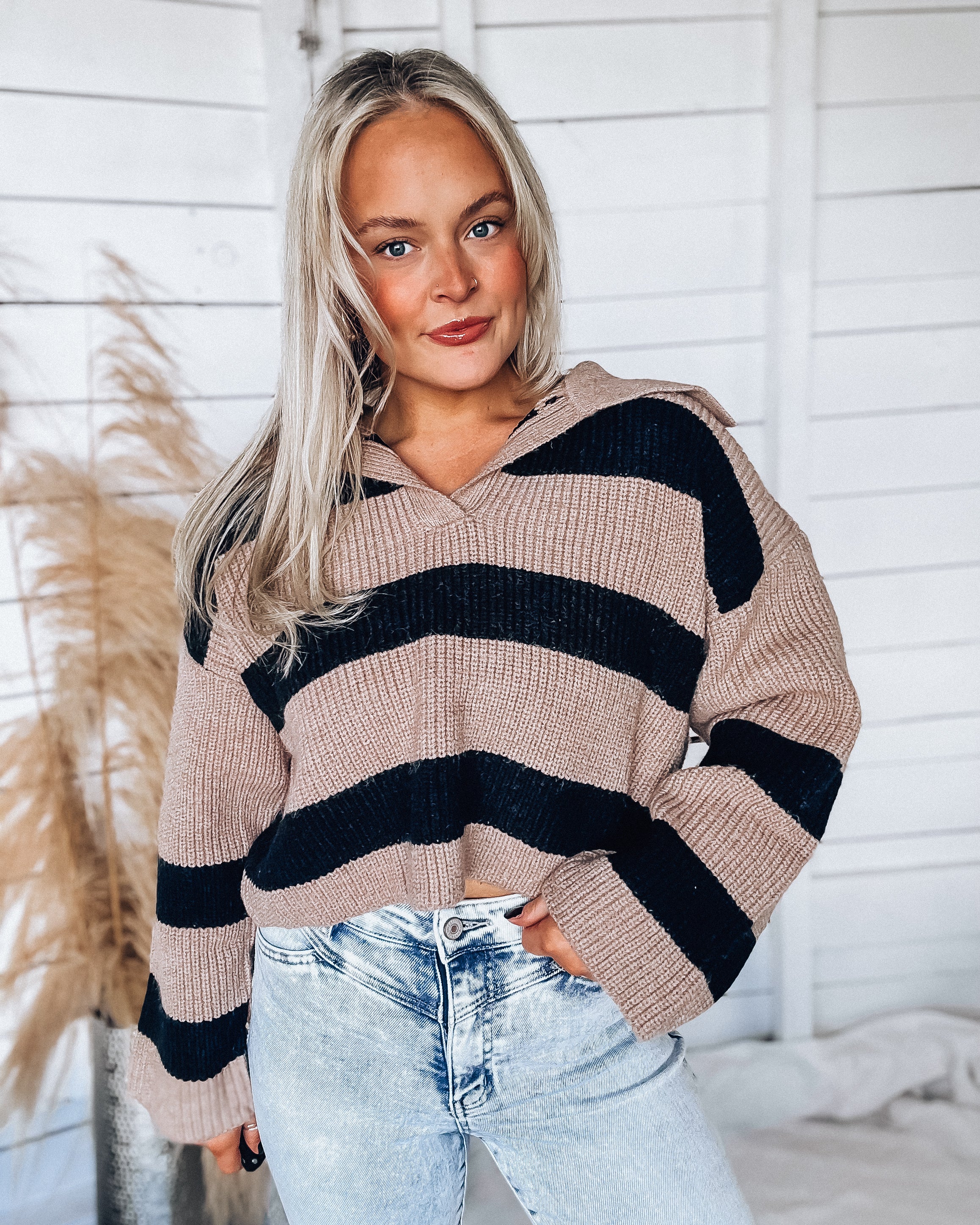 Stripe Drop Shoulder Sweater [taupe/blk]