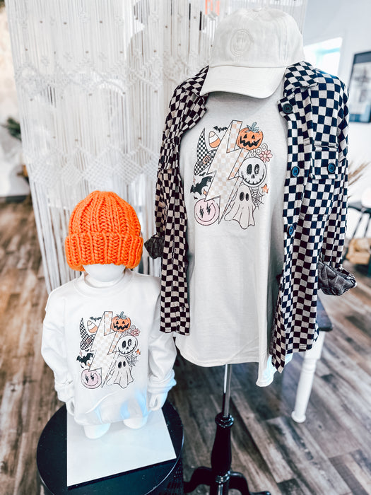 spooky lil boo YOUTH sweatshirt [white/pastels]