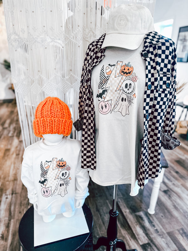 spooky lil boo YOUTH sweatshirt [white/pastels]