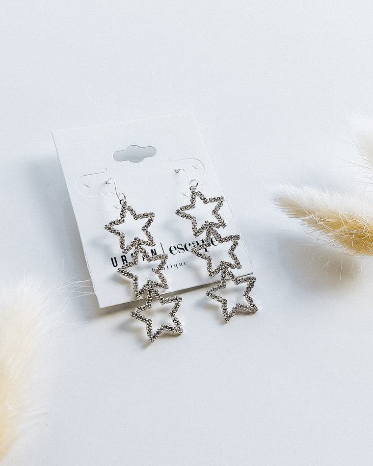 Rhinestone Studded Star Drop Earrings / Silver