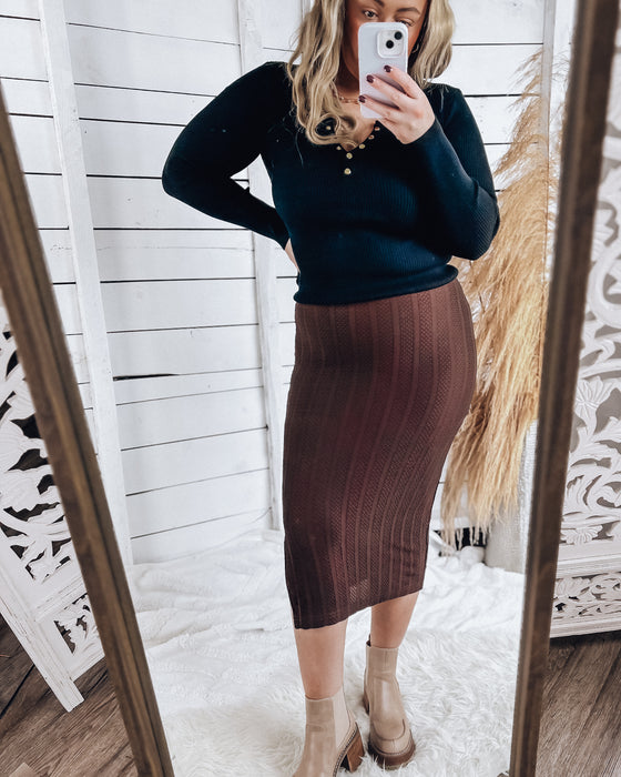 Striped Side Slit Skirt [dark brown]