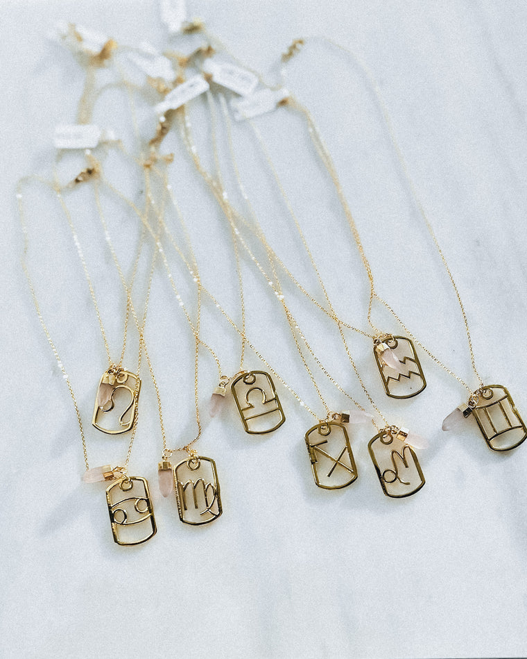 NEW Zodiac + Rose Quartz Charm Necklace [gold]