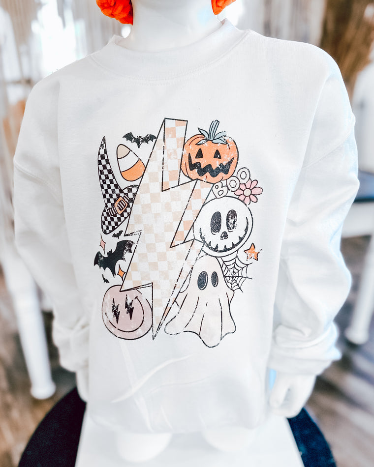 spooky lil boo YOUTH sweatshirt [white/pastels]
