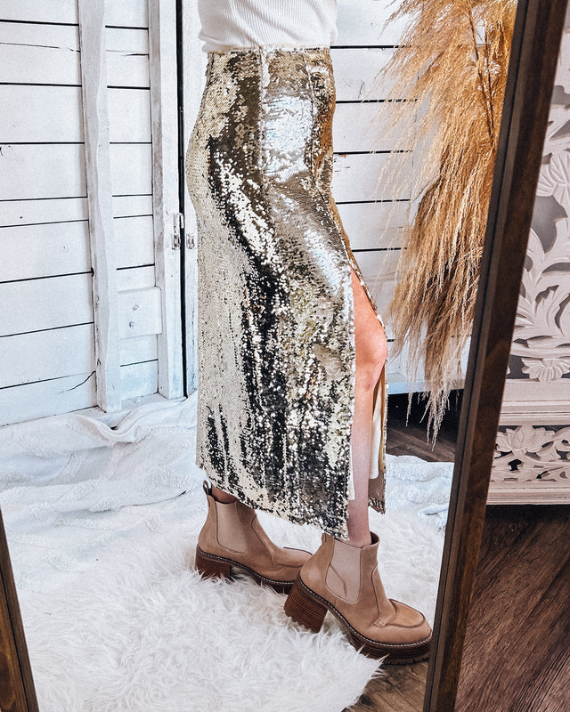 Drop The Ball Midi Skirt [gold sequin]