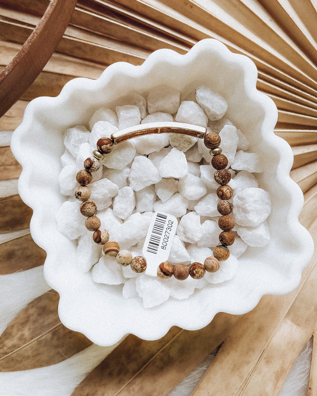 God is Greater Stretch Bracelet [gold/mexican agate]