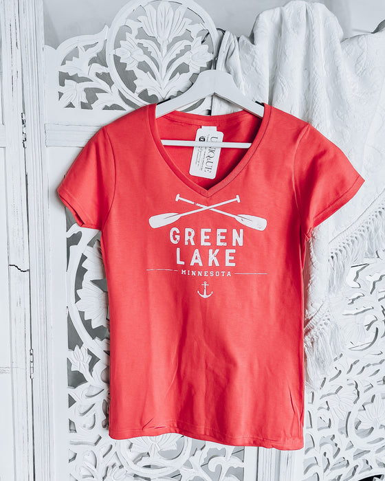 Green Lake V-Neck Tee [coral/white]