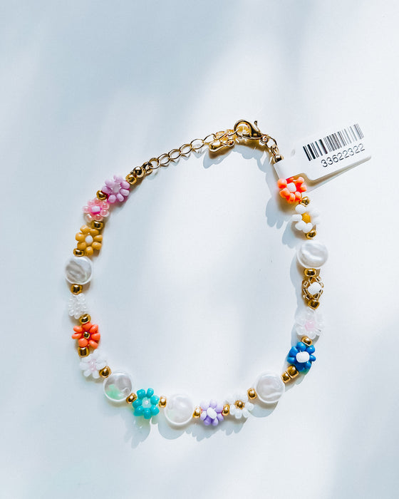 Beaded Flowers & Pearl Chain Bracelet