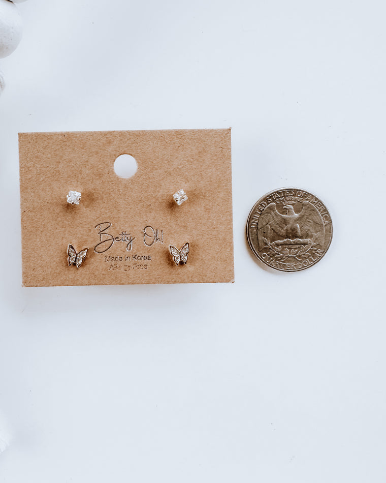 BUTTERFLY + STUD rhinestone earring SET [GOLD]