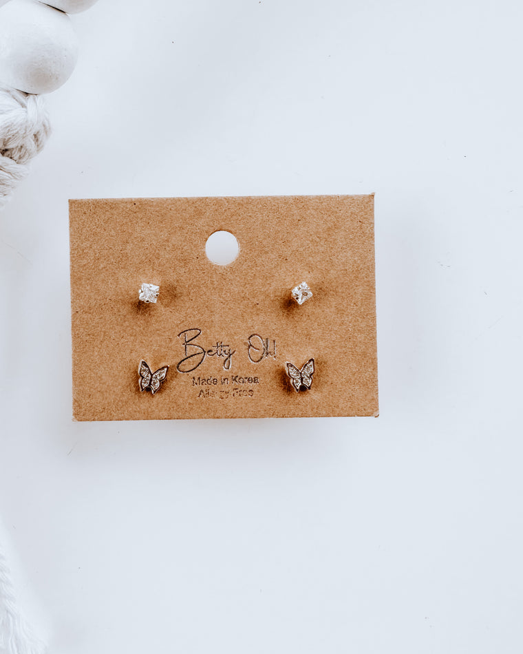BUTTERFLY + STUD rhinestone earring SET [GOLD]
