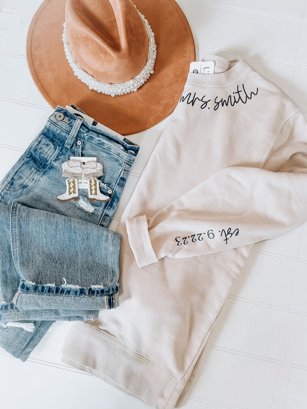 Custom Wedding Name & Date Crewneck [sand/black]