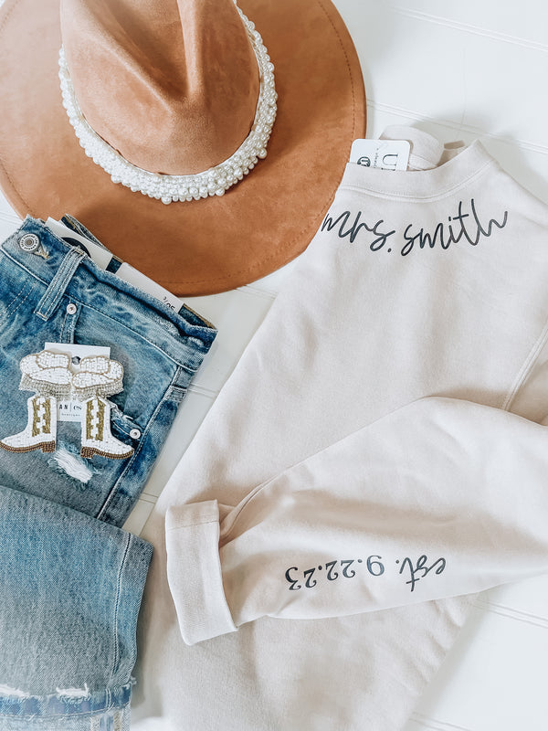 Custom Wedding Name & Date Crewneck [sand/black]