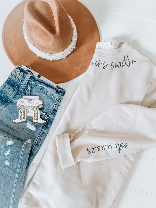 Custom Wedding Name & Date Crewneck [sand/black]